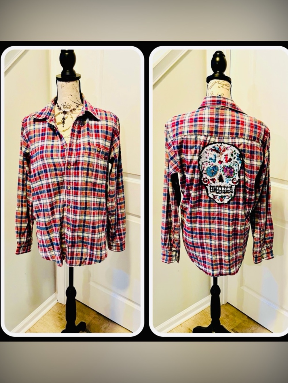 Sojara Plaid Flannel Shirt Sequin Skull Patch Upcycled M/L